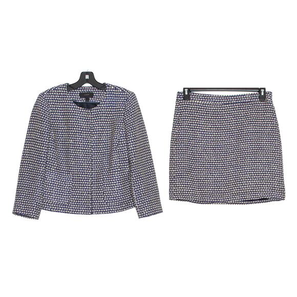 J Crew Blazer Skirt Set Tweed Silk Quiet Luxury Old Money Corporate Blue 10 Flaw - Picture 1 of 12